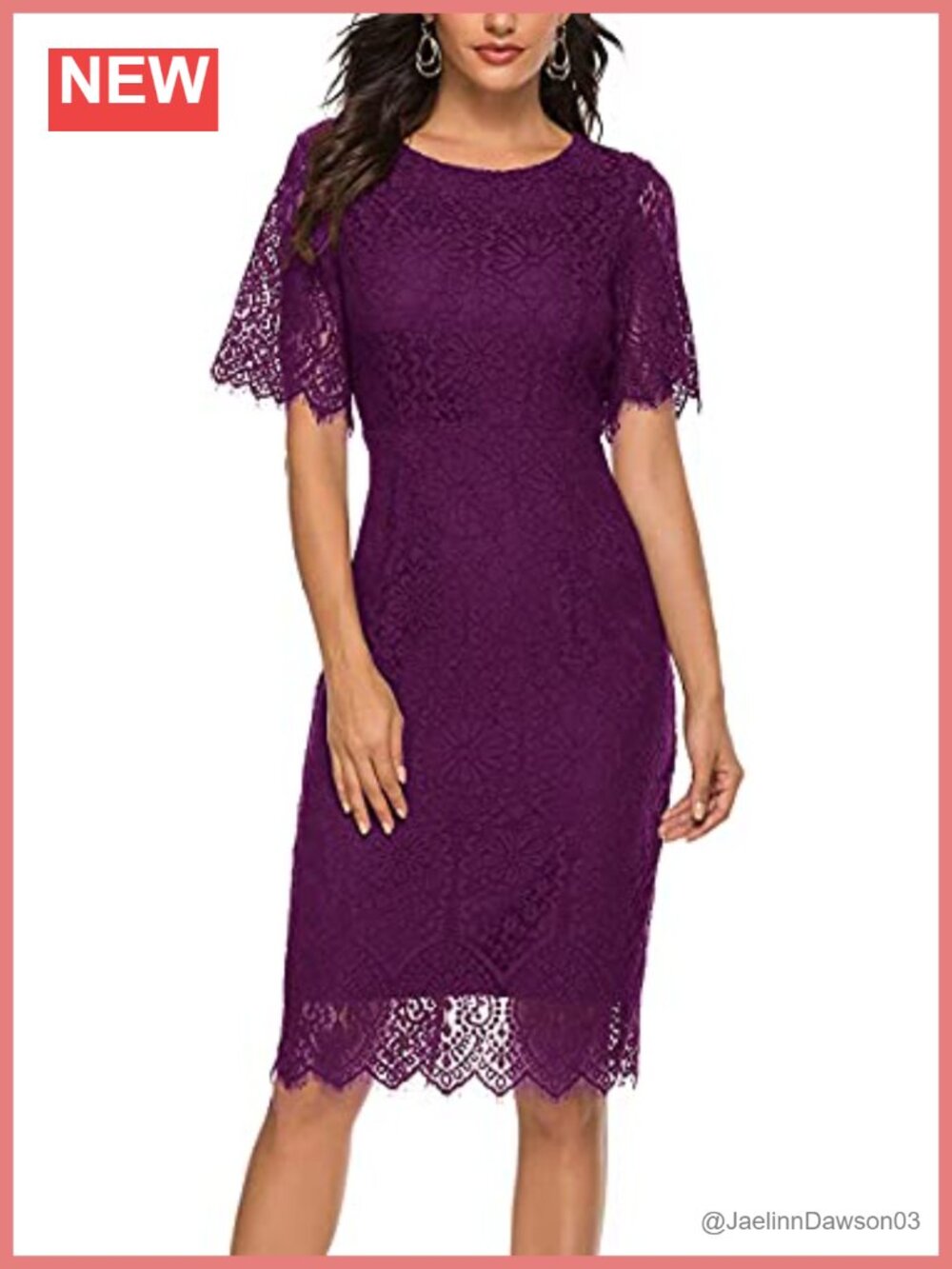 Short Sleeve Lace Floral Midi Sheath Cocktail Dress